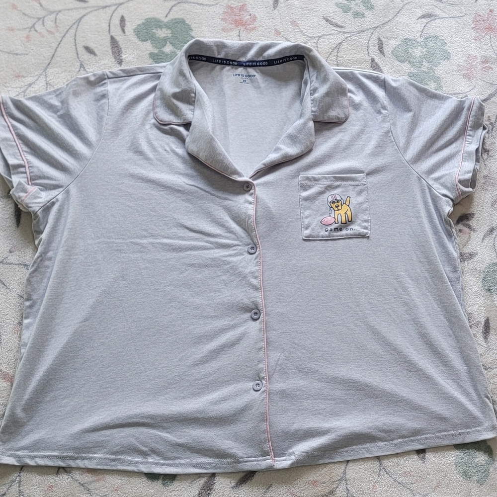 Gray Button-Up PJ Top w/football Dog Pocket